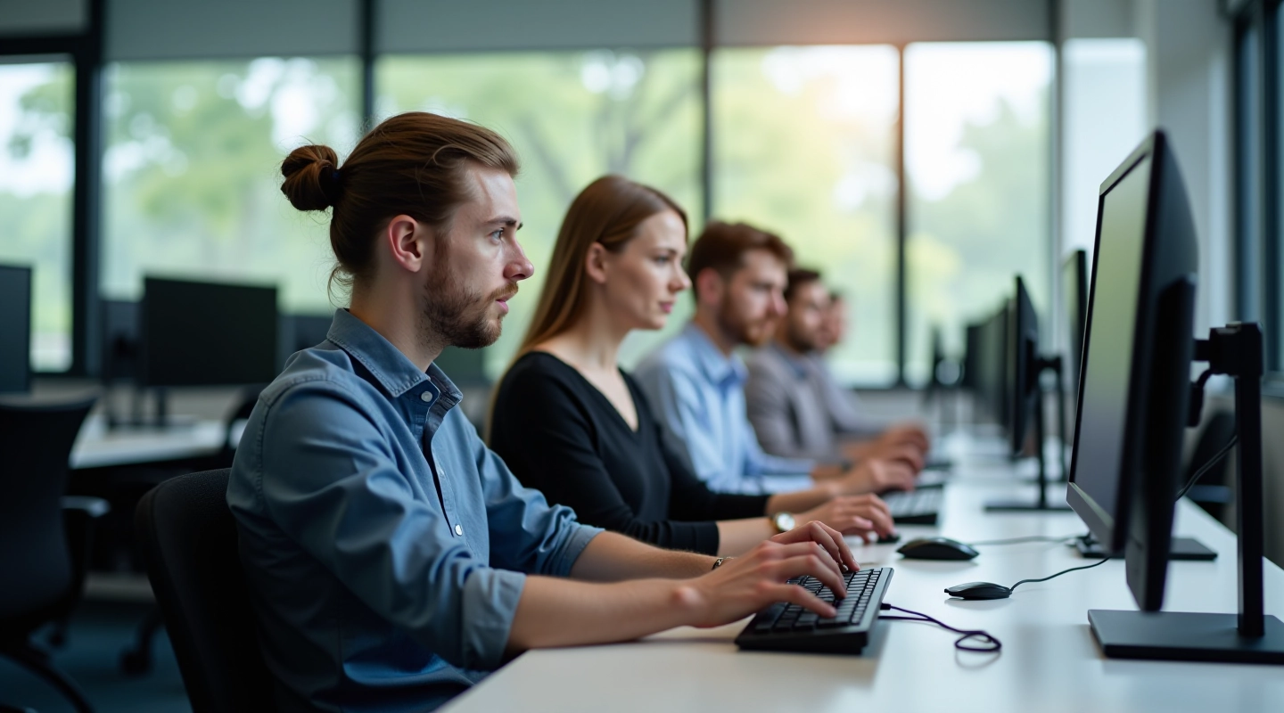Adult learners in a safe, welcoming digital skills classroom environment