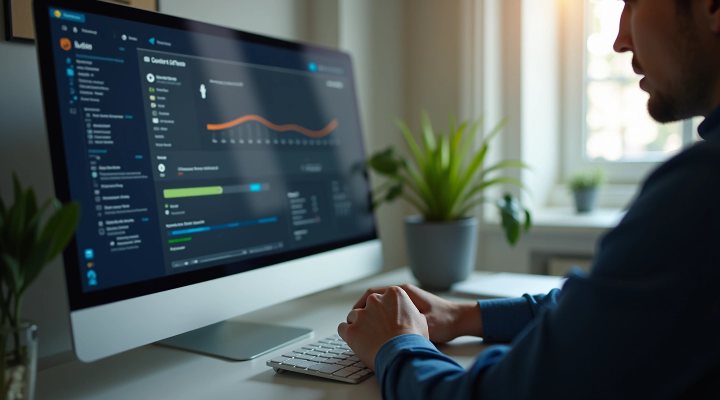 Person checking computer security alerts on monitor in modern home office setting