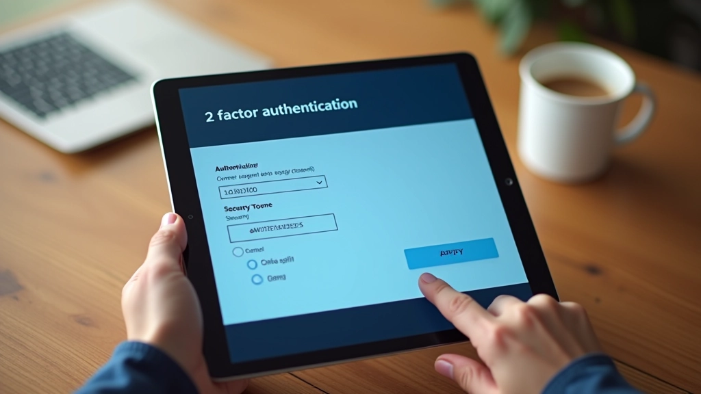 Tablet screen showing two-factor authentication setup with security codes and authentication app interface